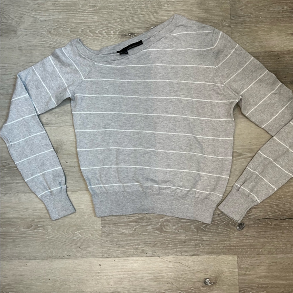 360 Cashmere Gray Off-the-Shoulder Sweater with White Stripes